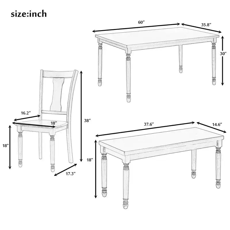 Set da pranzo retrò da 6 pezzi con 1 tavolo da pranzo in legno, 4 sedie e 1 panca, marrone + bianco - ModernLuxe