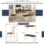 Set da pranzo retrò da 6 pezzi con 1 tavolo da pranzo in legno, 4 sedie e 1 panca, marrone + bianco - ModernLuxe