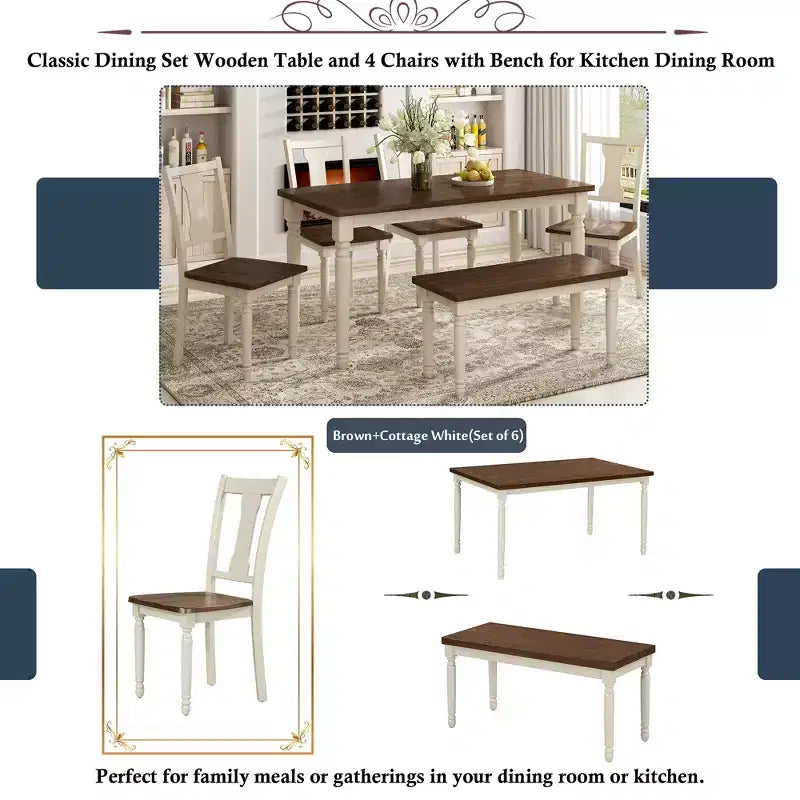 Set da pranzo retrò da 6 pezzi con 1 tavolo da pranzo in legno, 4 sedie e 1 panca, marrone + bianco - ModernLuxe