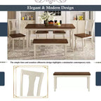 Set da pranzo retrò da 6 pezzi con 1 tavolo da pranzo in legno, 4 sedie e 1 panca, marrone + bianco - ModernLuxe