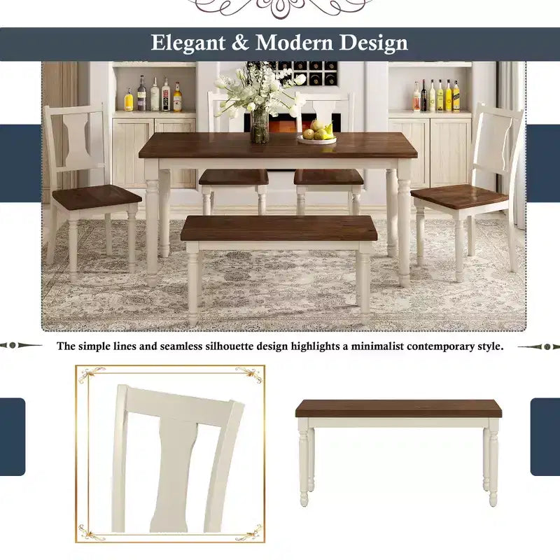 Set da pranzo retrò da 6 pezzi con 1 tavolo da pranzo in legno, 4 sedie e 1 panca, marrone + bianco - ModernLuxe