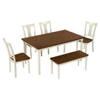 Set da pranzo retrò da 6 pezzi con 1 tavolo da pranzo in legno, 4 sedie e 1 panca, marrone + bianco - ModernLuxe