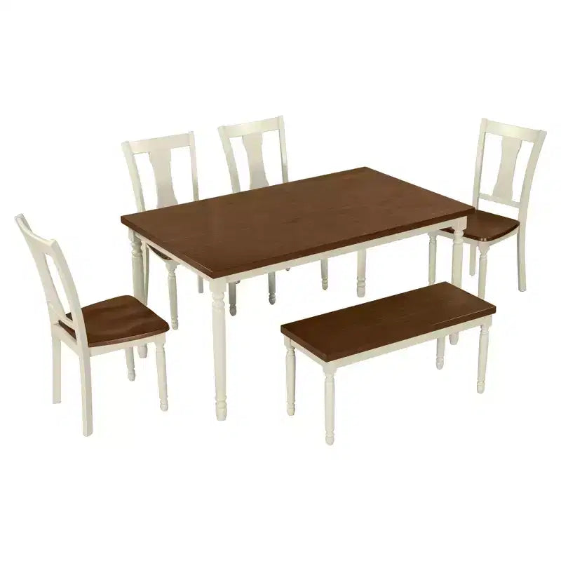 Set da pranzo retrò da 6 pezzi con 1 tavolo da pranzo in legno, 4 sedie e 1 panca, marrone + bianco - ModernLuxe
