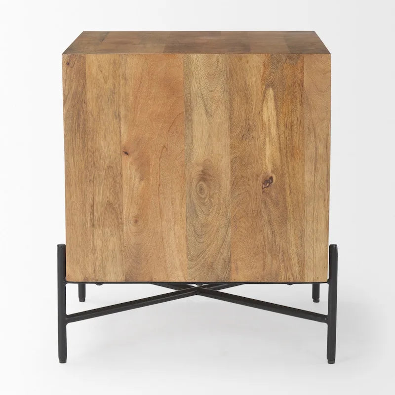 Tavolino d'appoggio con 2 cassetti in legno massello marrone chiaro e struttura in ferro nero – 22"L x 22"P x 26"H