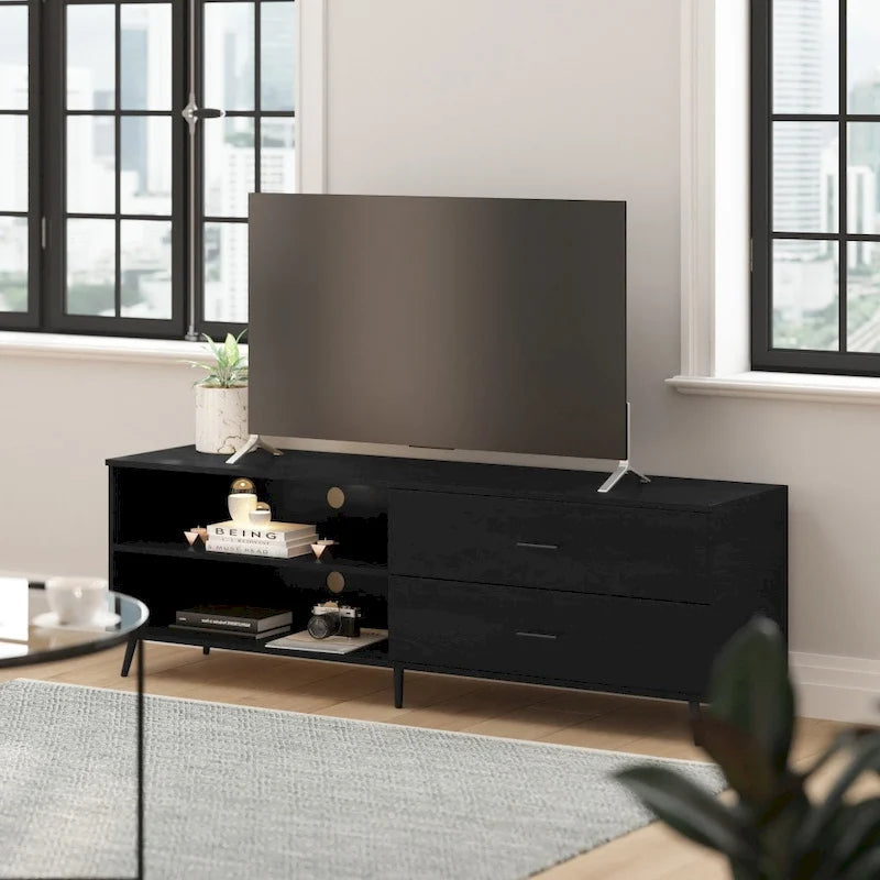 Mobile TV moderno di metà secolo con mensola regolabile e 2 cassetti portaoggetti