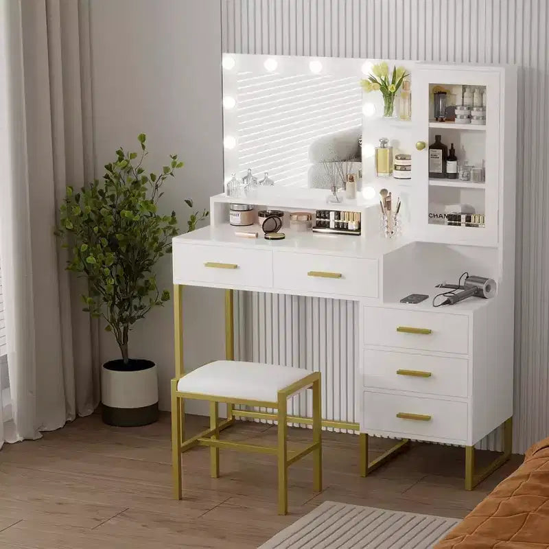 Set toeletta, Toeletta trucco con specchio, luci, lampadine a LED, panca, Tavolo da trucco con 5 cassetti, Toeletta per adulti