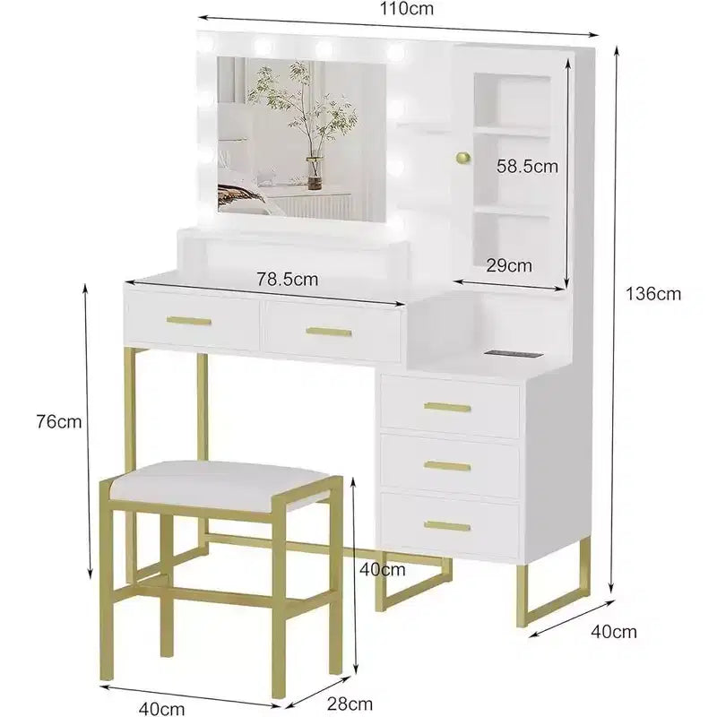 Set toeletta, Toeletta trucco con specchio, luci, lampadine a LED, panca, Tavolo da trucco con 5 cassetti, Toeletta per adulti