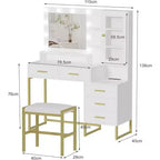 Set toeletta, Toeletta trucco con specchio, luci, lampadine a LED, panca, Tavolo da trucco con 5 cassetti, Toeletta per adulti