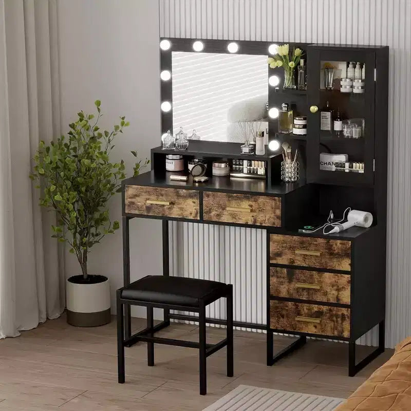 Set toeletta, Toeletta trucco con specchio, luci, lampadine a LED, panca, Tavolo da trucco con 5 cassetti, Toeletta per adulti