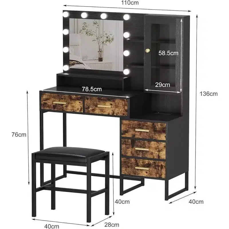 Set toeletta, Toeletta trucco con specchio, luci, lampadine a LED, panca, Tavolo da trucco con 5 cassetti, Toeletta per adulti