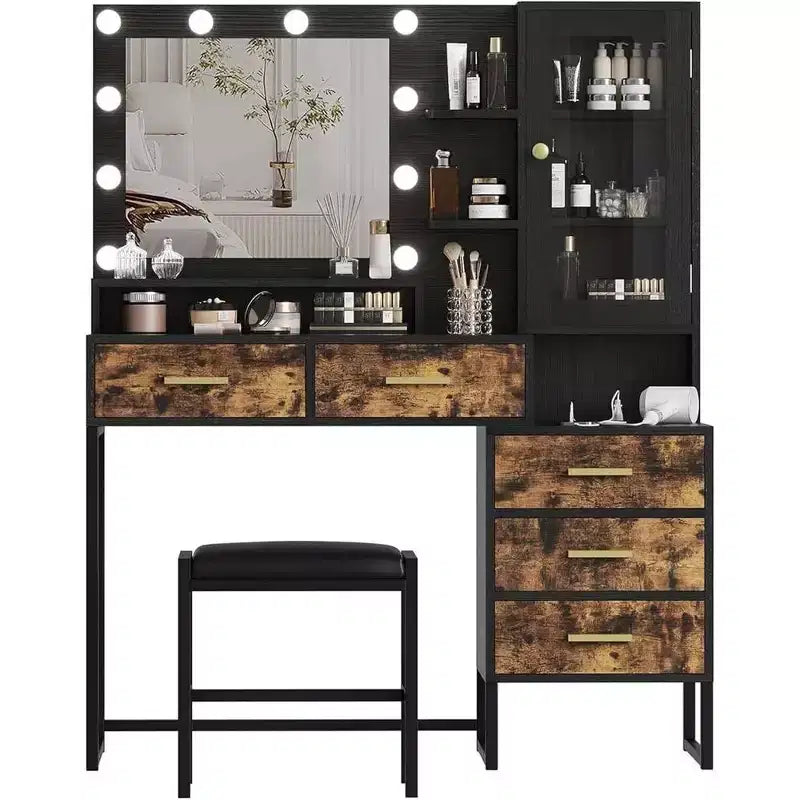 Set toeletta, Toeletta trucco con specchio, luci, lampadine a LED, panca, Tavolo da trucco con 5 cassetti, Toeletta per adulti