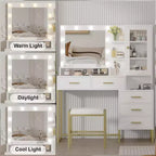 Set toeletta, Toeletta trucco con specchio, luci, lampadine a LED, panca, Tavolo da trucco con 5 cassetti, Toeletta per adulti