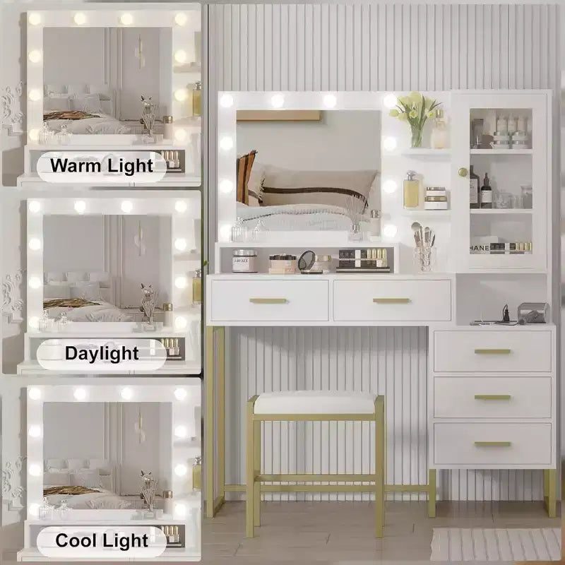 Set toeletta, Toeletta trucco con specchio, luci, lampadine a LED, panca, Tavolo da trucco con 5 cassetti, Toeletta per adulti