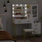 Set toeletta, Toeletta trucco con specchio, luci, lampadine a LED, panca, Tavolo da trucco con 5 cassetti, Toeletta per adulti