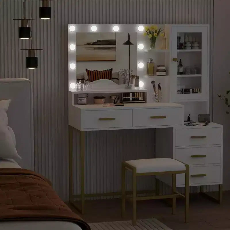 Set toeletta, Toeletta trucco con specchio, luci, lampadine a LED, panca, Tavolo da trucco con 5 cassetti, Toeletta per adulti