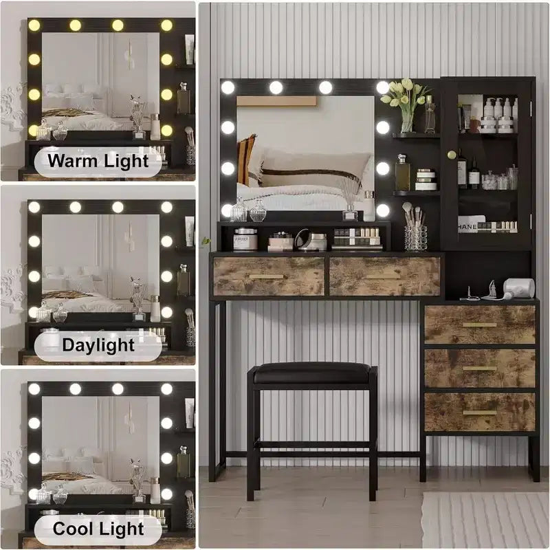 Vanity Desk Set, Makeup Vanity with Mirror, Lights, Led Bulbs, Bench, Makeup Table with 5 Drawers, Adult Dressing Table