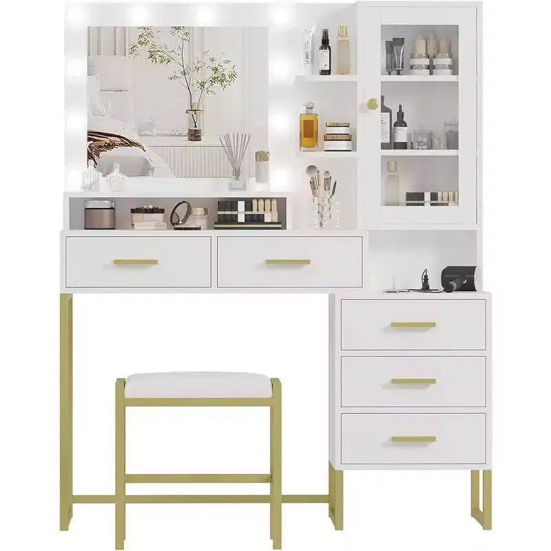 Set toeletta, Toeletta trucco con specchio, luci, lampadine a LED, panca, Tavolo da trucco con 5 cassetti, Toeletta per adulti