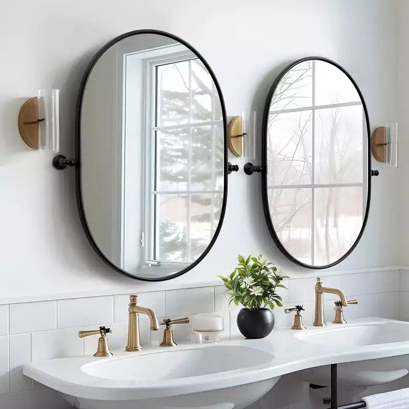 PexFix Oval Metal Framed Pivoted Bathroom Wall Vanity Mirror in Black Set of 2