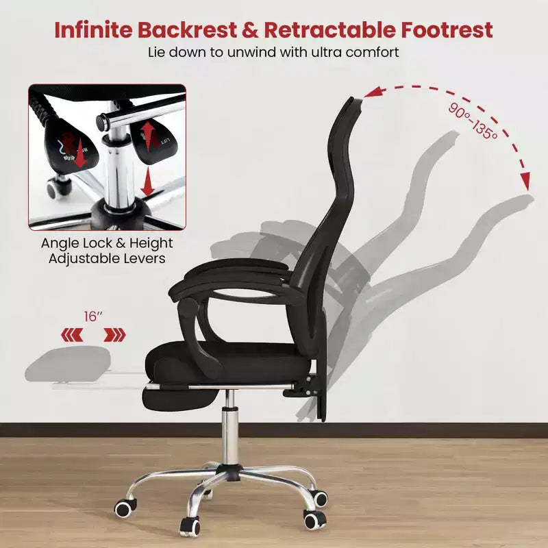Sedia da ufficio ergonomica in rete Costway con poggiapiedi e schienale inclinabile e regolabile in altezza
