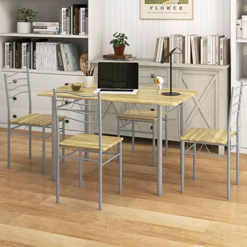 Costway Set 5 Pezzi Tavolo da Pranzo Cucina in Legno e Metallo con 4 Sedie Noce/Naturale