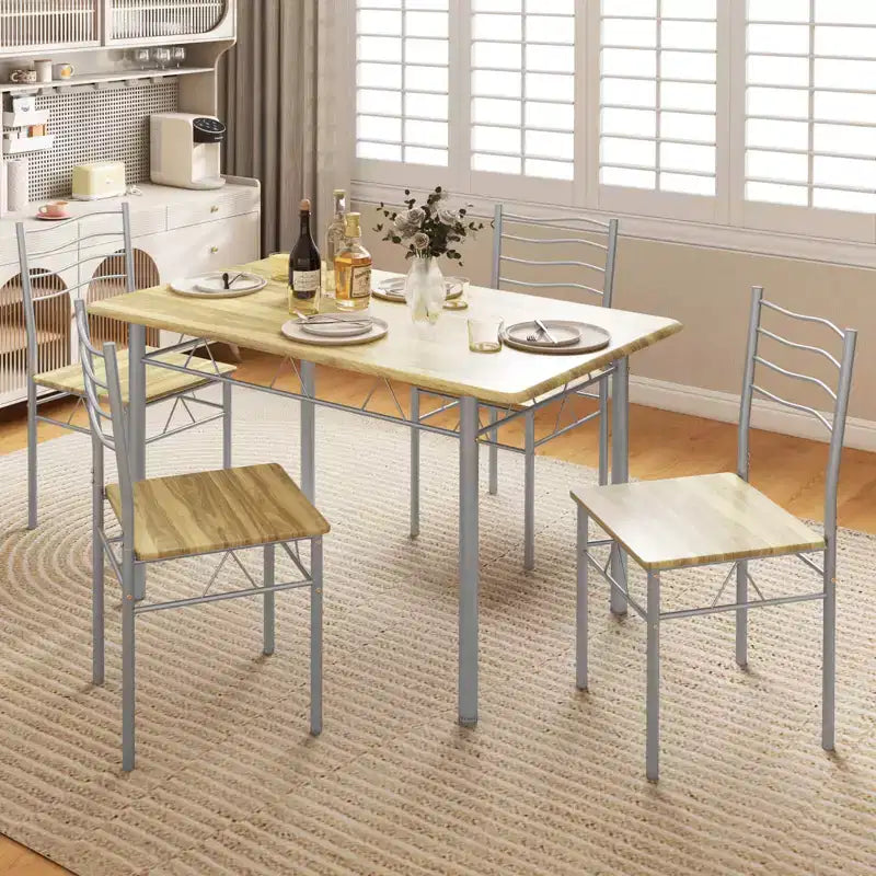 Costway Set 5 Pezzi Tavolo da Pranzo Cucina in Legno e Metallo con 4 Sedie Noce/Naturale