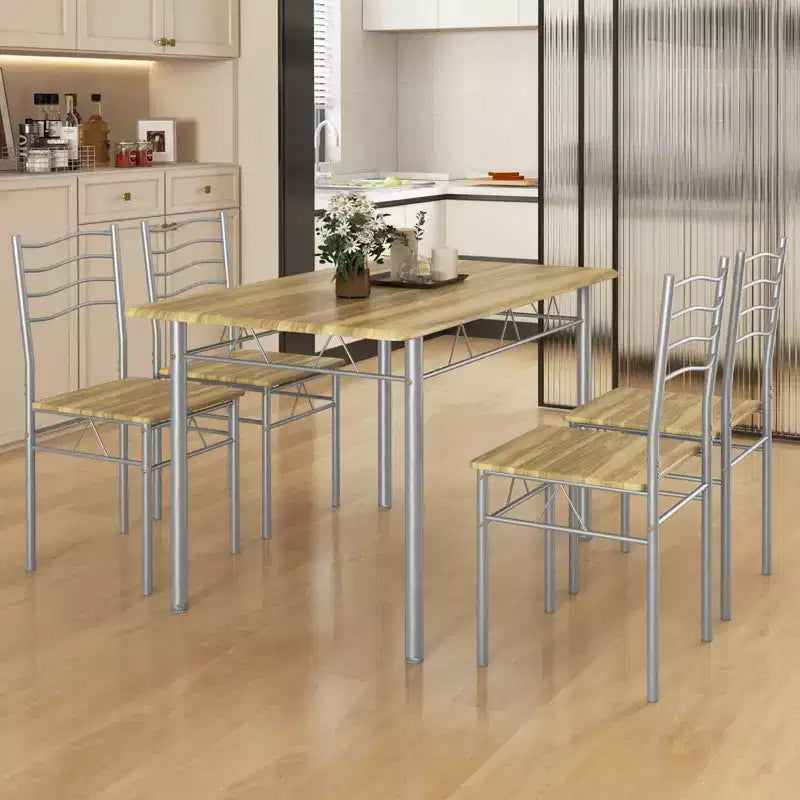 Costway Set 5 Pezzi Tavolo da Pranzo Cucina in Legno e Metallo con 4 Sedie Noce/Naturale