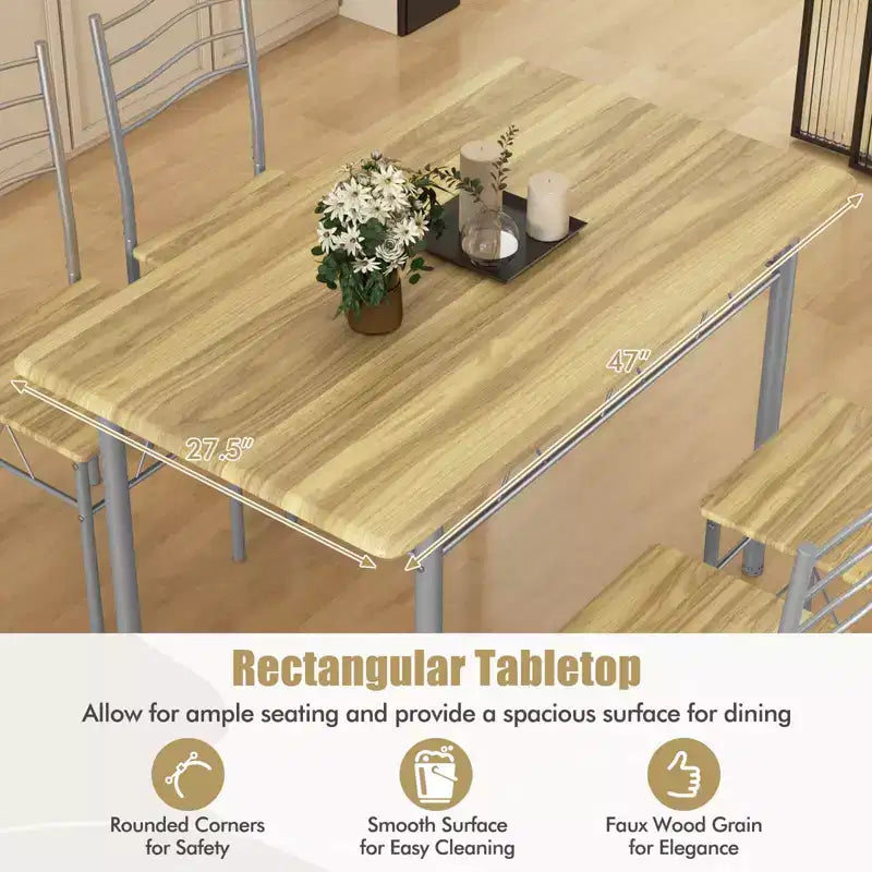 Costway Set 5 Pezzi Tavolo da Pranzo Cucina in Legno e Metallo con 4 Sedie Noce/Naturale