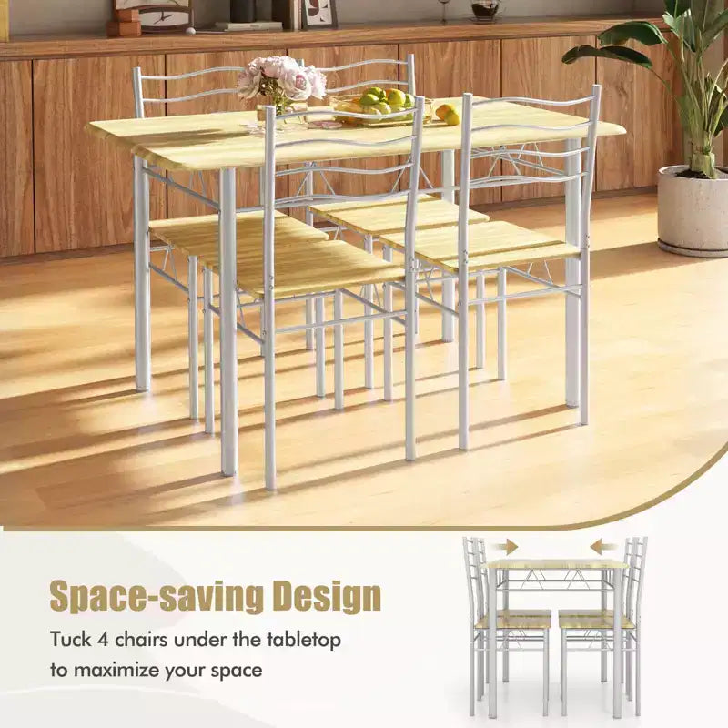 Costway Set 5 Pezzi Tavolo da Pranzo Cucina in Legno e Metallo con 4 Sedie Noce/Naturale