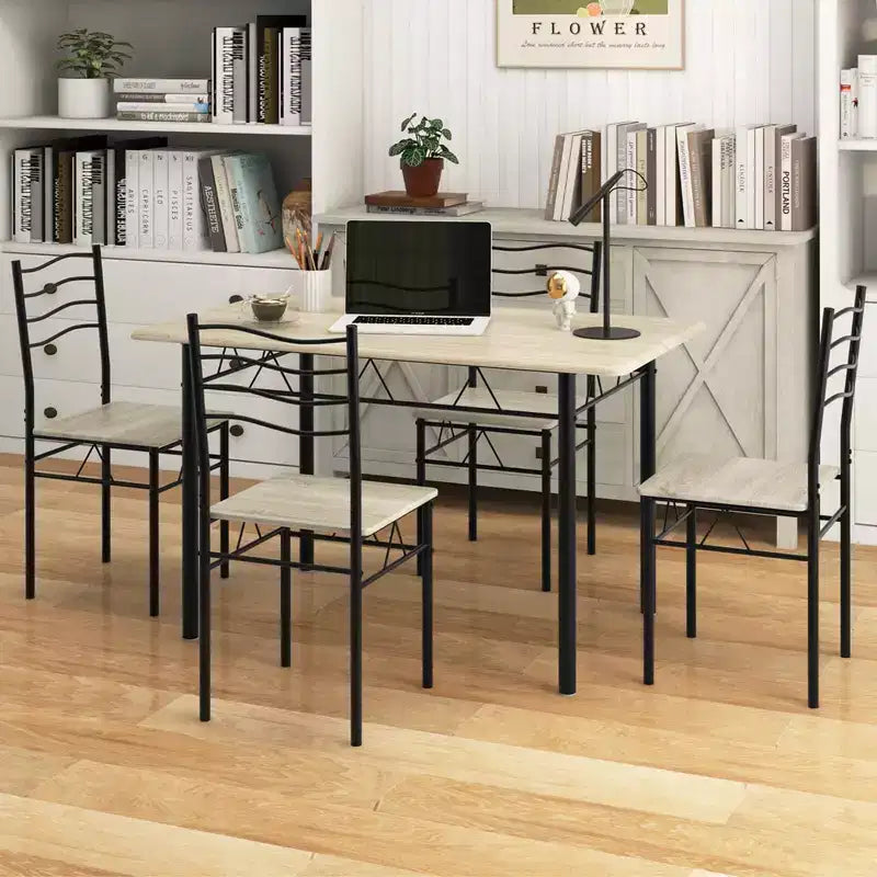 Costway Set 5 Pezzi Tavolo da Pranzo Cucina in Legno e Metallo con 4 Sedie Noce/Naturale