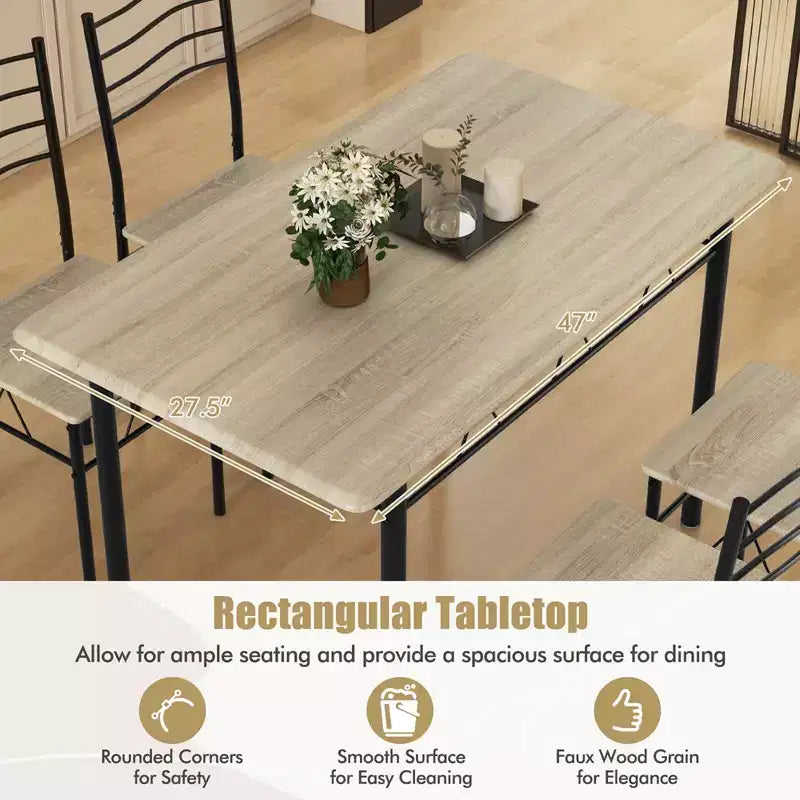 Costway Set 5 Pezzi Tavolo da Pranzo Cucina in Legno e Metallo con 4 Sedie Noce/Naturale