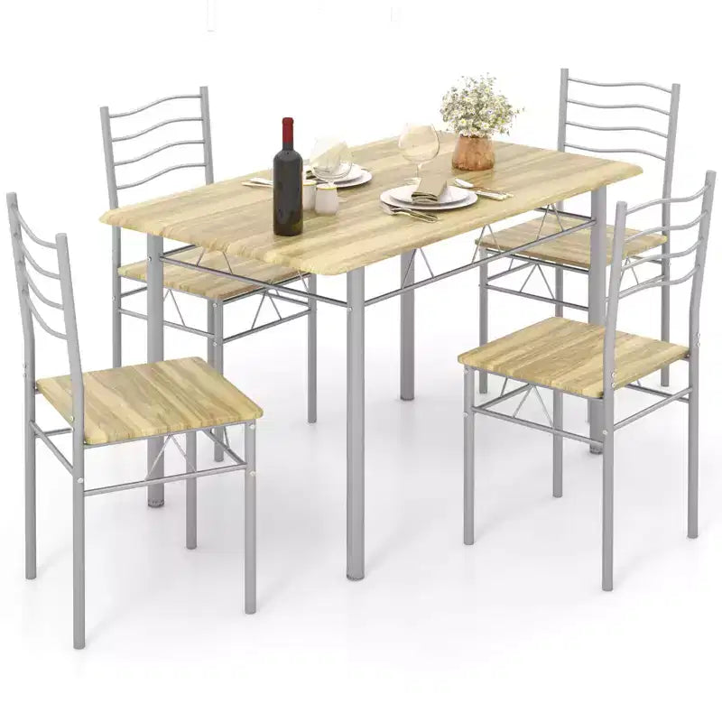 Costway Set 5 Pezzi Tavolo da Pranzo Cucina in Legno e Metallo con 4 Sedie Noce/Naturale
