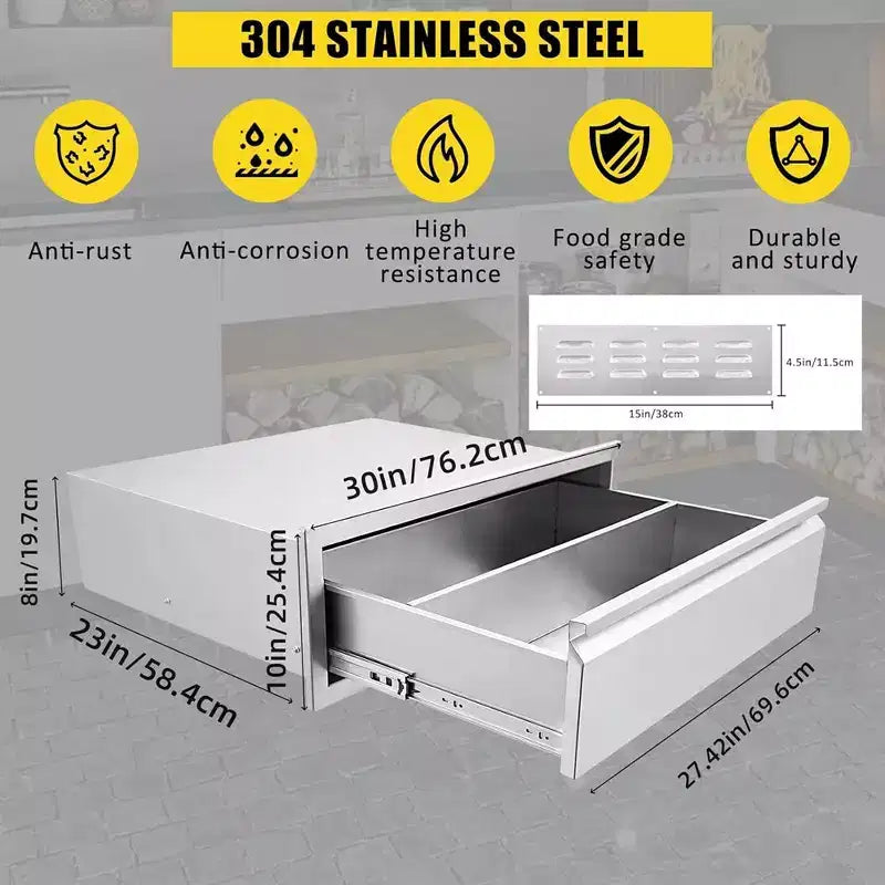 Cucina da esterno a isola con cassetto singolo in acciaio inox, 30x23x10 pollici, con sfiato, per barbecue