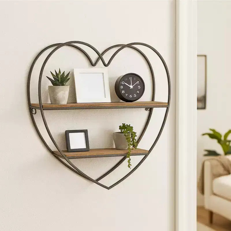 Decorative Two Tier Heart Wall Shelf for Room and Home Decor - Wood and Metal Wall Decor for Bedroom, Living Room, and Bathroom - 20, Black