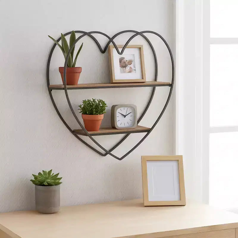 Mensole Decorative da Parete a Due Livelli a Forma di Cuore per Arredamento di Stanze e Casa - Decorazione da Parete in Legno e Metallo per Camera da Letto, Soggiorno e Bagno - 20, Nero
