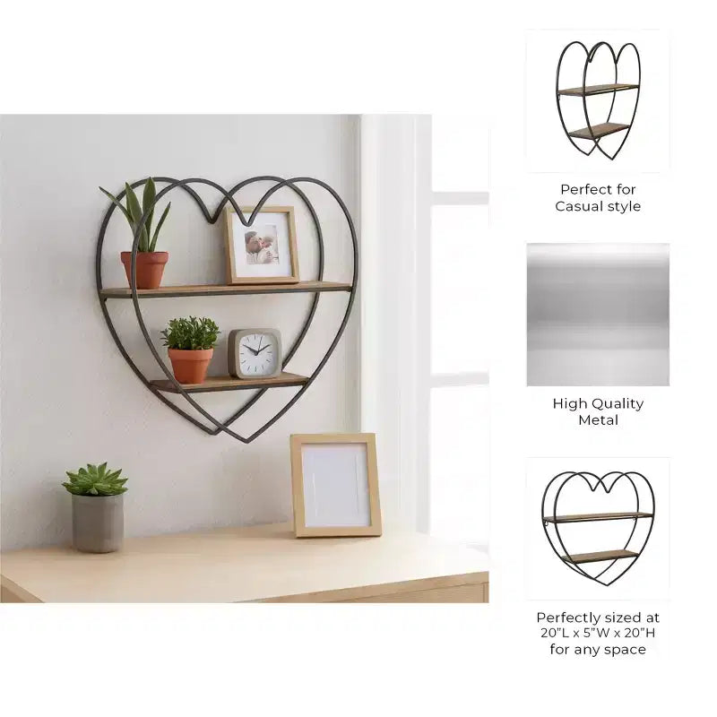 Mensole Decorative da Parete a Due Livelli a Forma di Cuore per Arredamento di Stanze e Casa - Decorazione da Parete in Legno e Metallo per Camera da Letto, Soggiorno e Bagno - 20, Nero