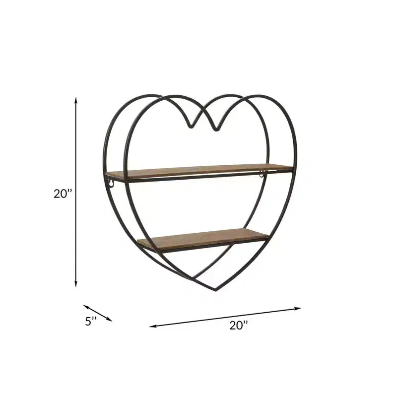 Mensole Decorative da Parete a Due Livelli a Forma di Cuore per Arredamento di Stanze e Casa - Decorazione da Parete in Legno e Metallo per Camera da Letto, Soggiorno e Bagno - 20, Nero