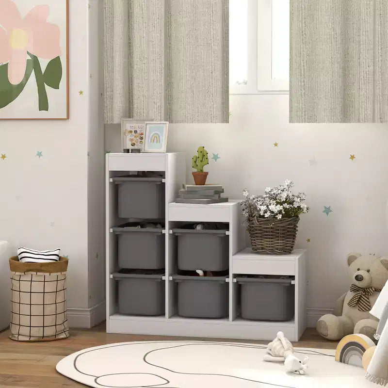 Qaba Organizer per Giocattoli per Bambini con 6 Contenitori e 3 Livelli, Scaffale Portaoggetti per Bambini da 3-8 Anni, per Sala Giochi, Camera da Letto, Grigio