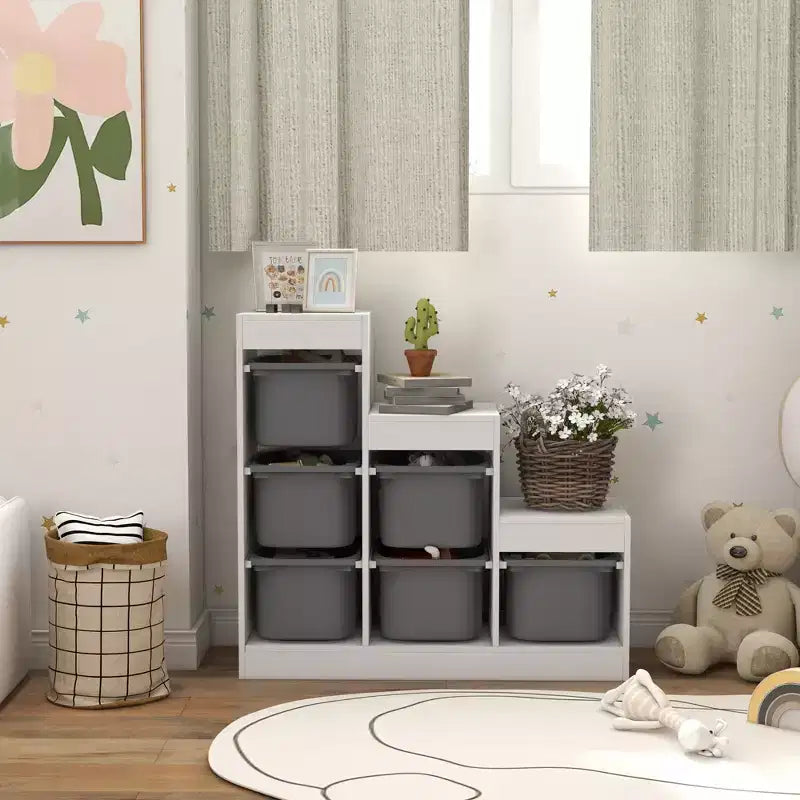 Qaba Organizer per Giocattoli per Bambini con 6 Contenitori e 3 Livelli, Scaffale Portaoggetti per Bambini da 3-8 Anni, per Sala Giochi, Camera da Letto, Grigio