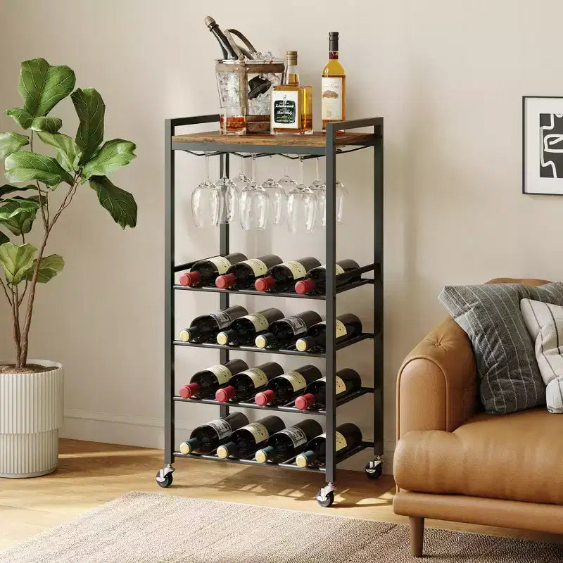 Portabottiglie da Vino Autoportante con Porta Bicchieri e Ripiano Superiore, 16 Bottiglie, Telaio in Metallo Marrone Rustico
