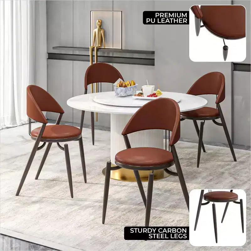 Sedia da pranzo moderna LeisureMod Venice in pelle, sedia laterale accentata imbottita con schienale aperto, con gambe in metallo, sedia da pranzo senza montaggio, set da 4