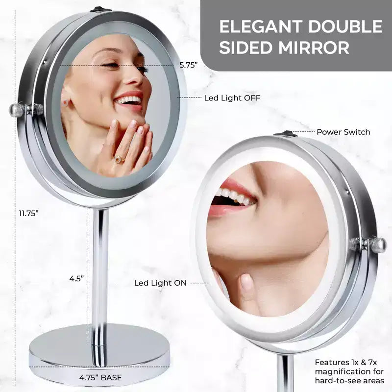 Specchio da trucco Elle con luci LED e ingrandimento 1x e 3x, illuminazione LED su due lati, finitura cromata, a batteria, diametro 5,75 pollici