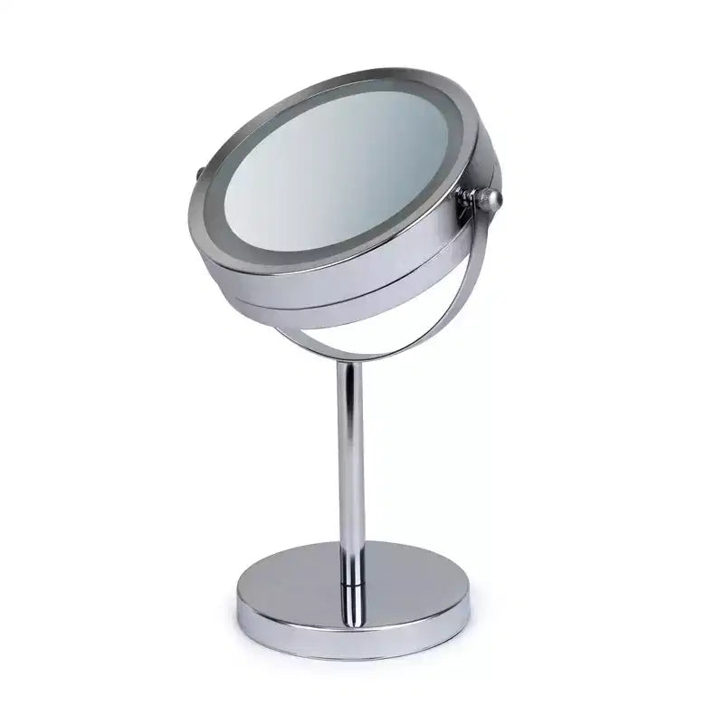 Specchio da trucco Elle con luci LED e ingrandimento 1x e 3x, illuminazione LED su due lati, finitura cromata, a batteria, diametro 5,75 pollici