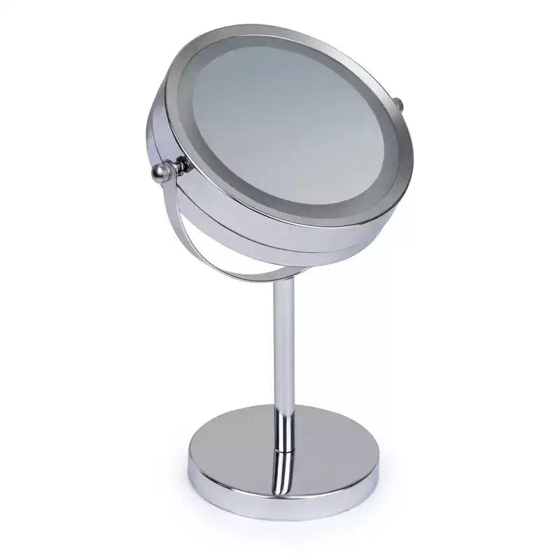 Specchio da trucco Elle con luci LED e ingrandimento 1x e 3x, illuminazione LED su due lati, finitura cromata, a batteria, diametro 5,75 pollici