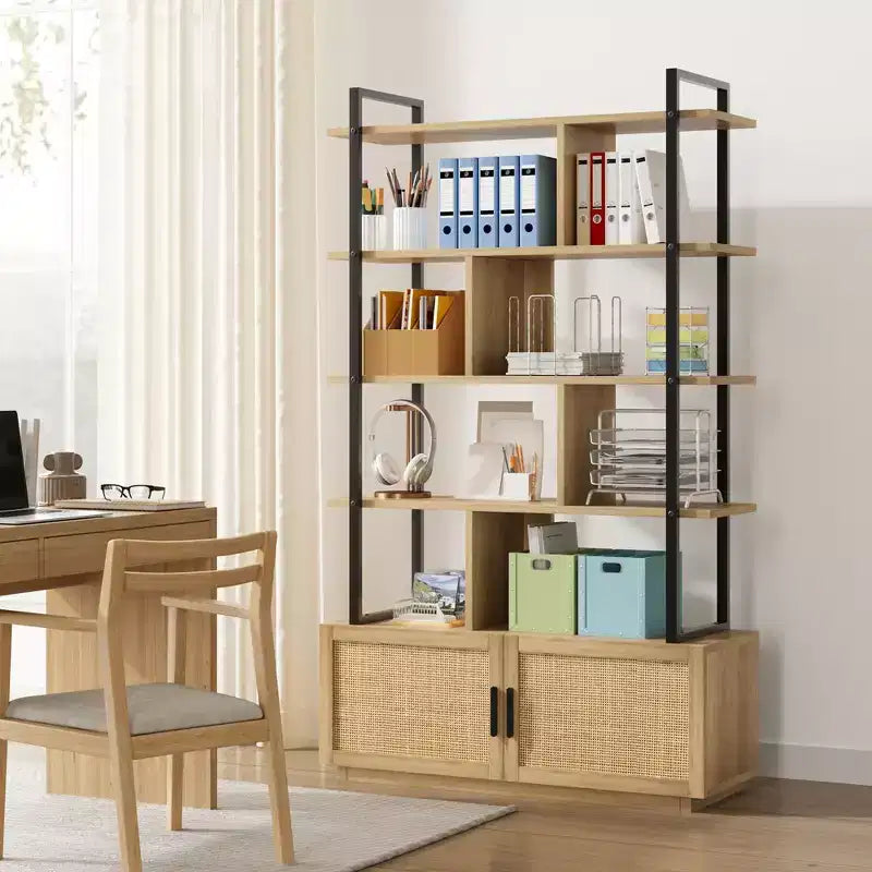 Libreria in rattan a 5 ripiani con armadietto e anta, libreria industriale alta 180,6 cm, libreria a 5 ripiani con struttura in metallo