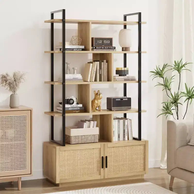 Libreria in rattan a 5 ripiani con armadietto e anta, libreria industriale alta 180,6 cm, libreria a 5 ripiani con struttura in metallo