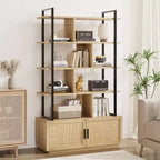 Libreria in rattan a 5 ripiani con armadietto e anta, libreria industriale alta 180,6 cm, libreria a 5 ripiani con struttura in metallo