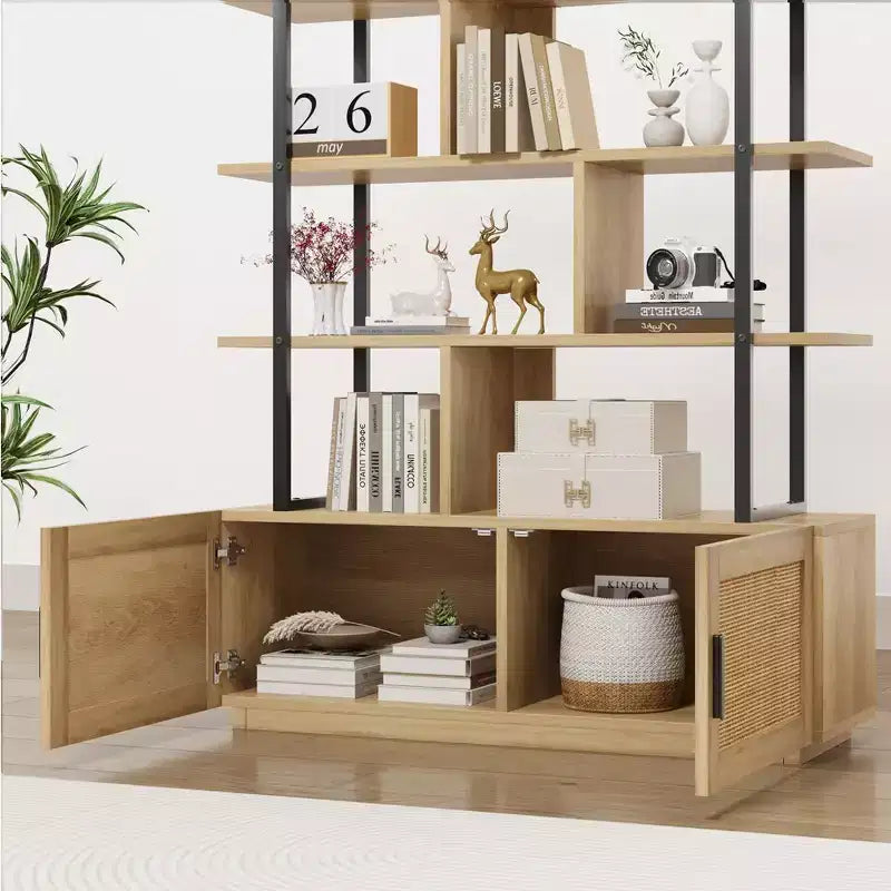 Libreria in rattan a 5 ripiani con armadietto e anta, libreria industriale alta 180,6 cm, libreria a 5 ripiani con struttura in metallo