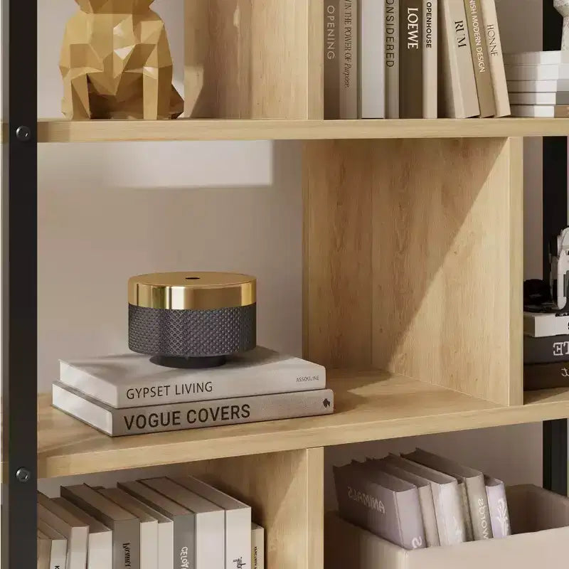 Libreria in rattan a 5 ripiani con armadietto e anta, libreria industriale alta 180,6 cm, libreria a 5 ripiani con struttura in metallo