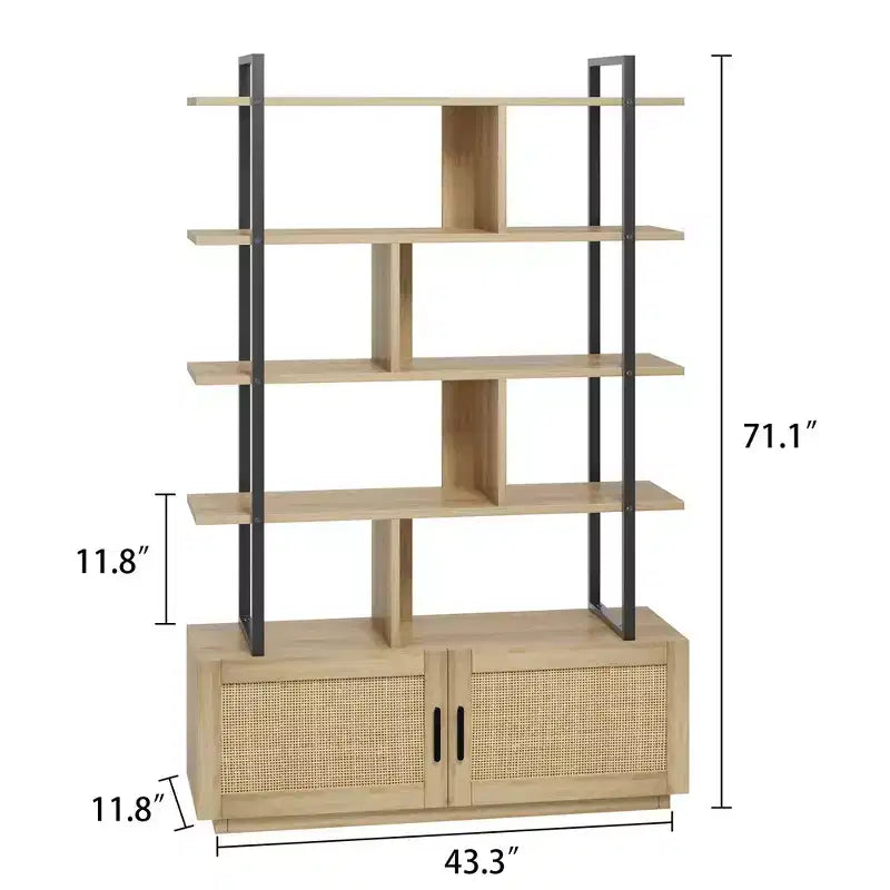 Libreria in rattan a 5 ripiani con armadietto e anta, libreria industriale alta 180,6 cm, libreria a 5 ripiani con struttura in metallo