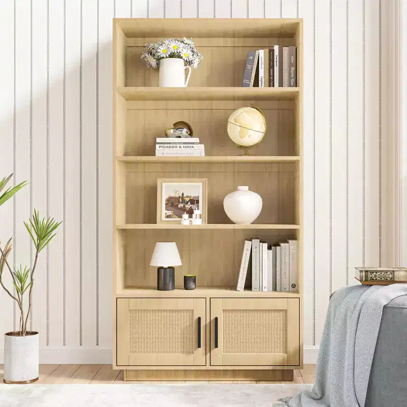 Libreria in rattan a 5 ripiani con armadietto e anta, libreria industriale alta 180,6 cm, libreria a 5 ripiani con struttura in metallo